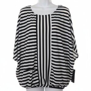 AB STUDIO Women's Black White Striped ELASTIC BUBBLE Bottom Dolman Top LARGE